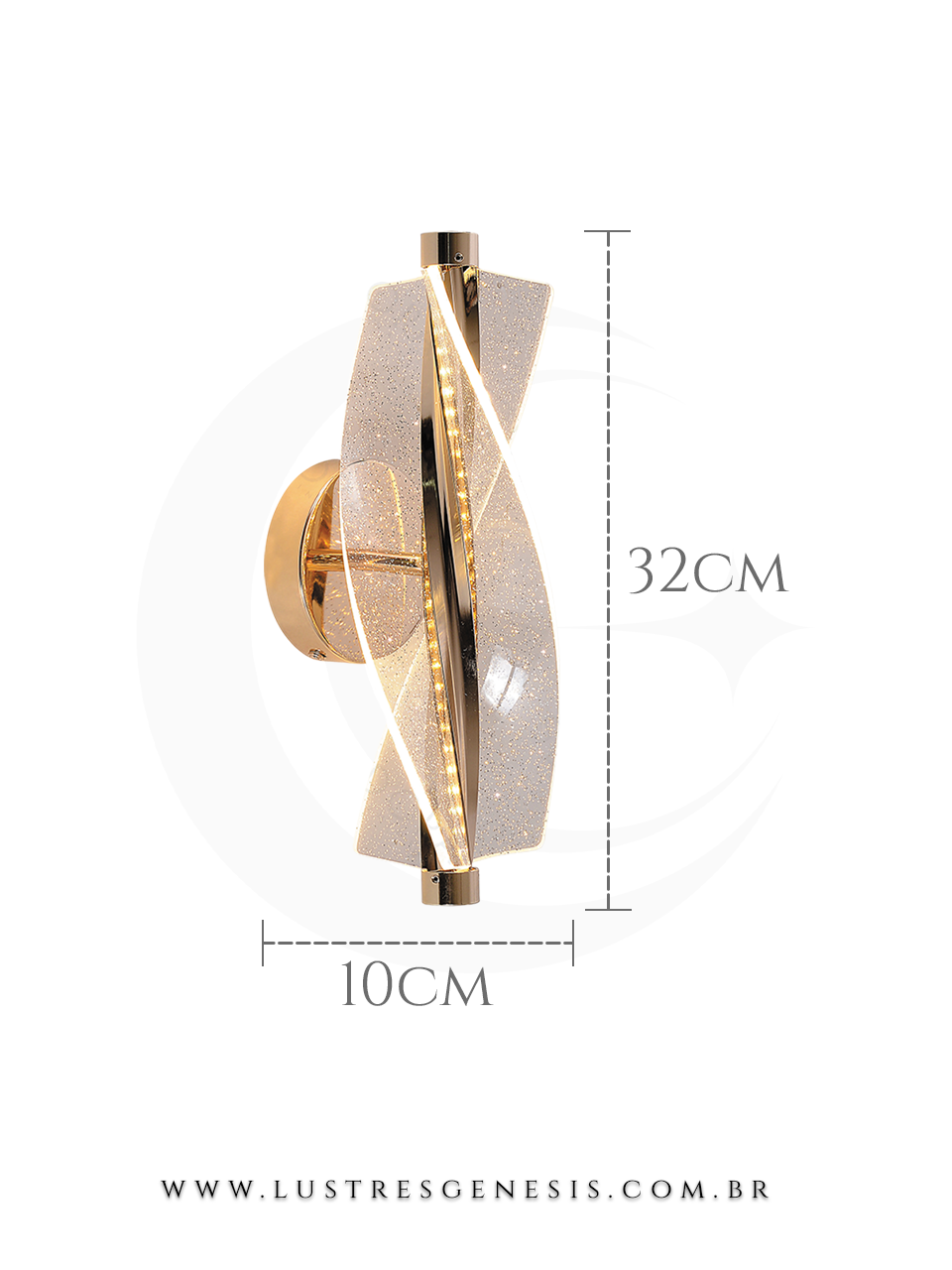 Arandela de parede moderna Trinket com glitter, acabamento dourado, iluminação LED e medidas de 32cm de altura por 10cm de largura, ideal para cabeceira de cama, garagem, corredor e lavabos.